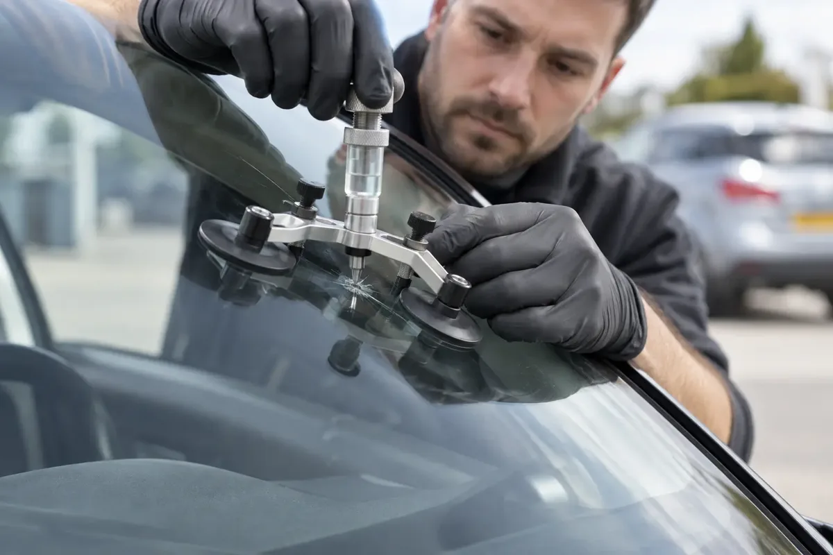 Windscreen Stone Chip Repair – vehicle glazing technician at work